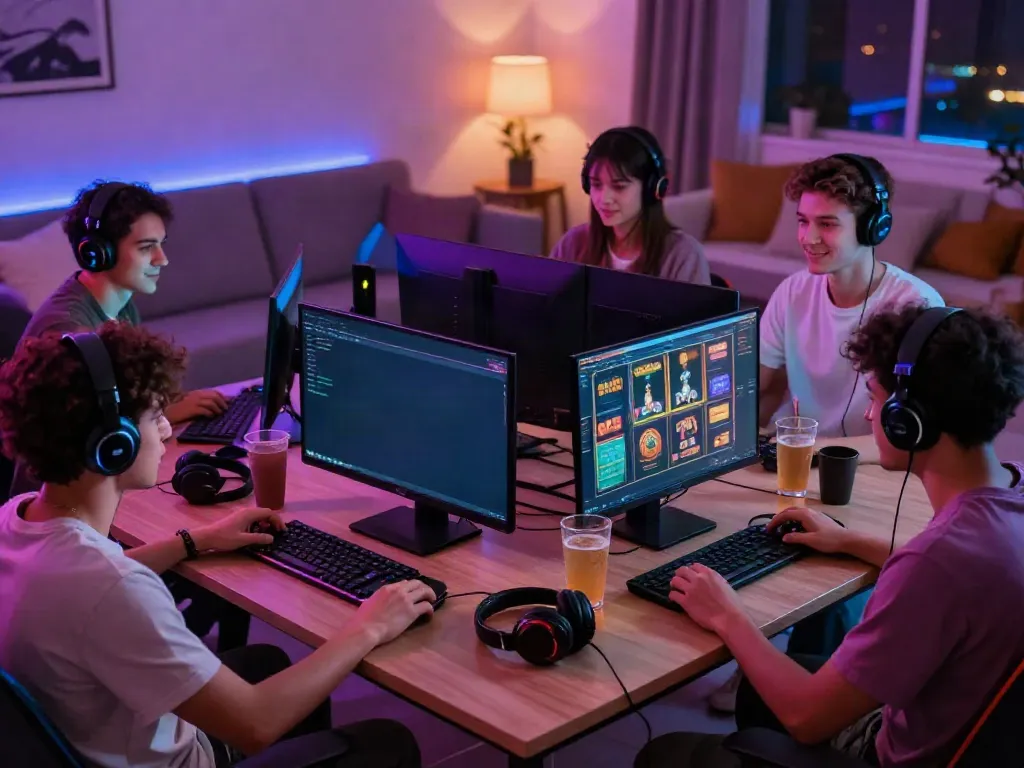 Friends enjoying online gaming with akunjp slot games in a cozy setting.