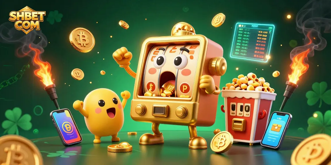 Engage with SHBET COM to hit jackpots with golden slot machines and crypto elements in vibrant illustration.