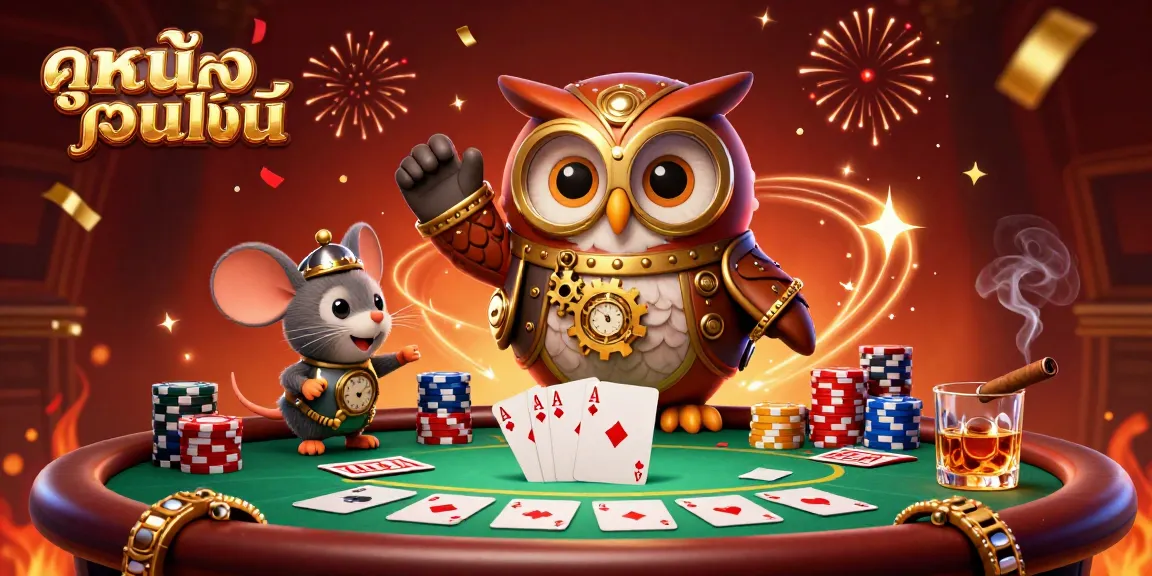 Experience ดูหนังออนไลน์ with an exciting scene featuring a steampunk owl amidst a vibrant casino atmosphere with poker elements.