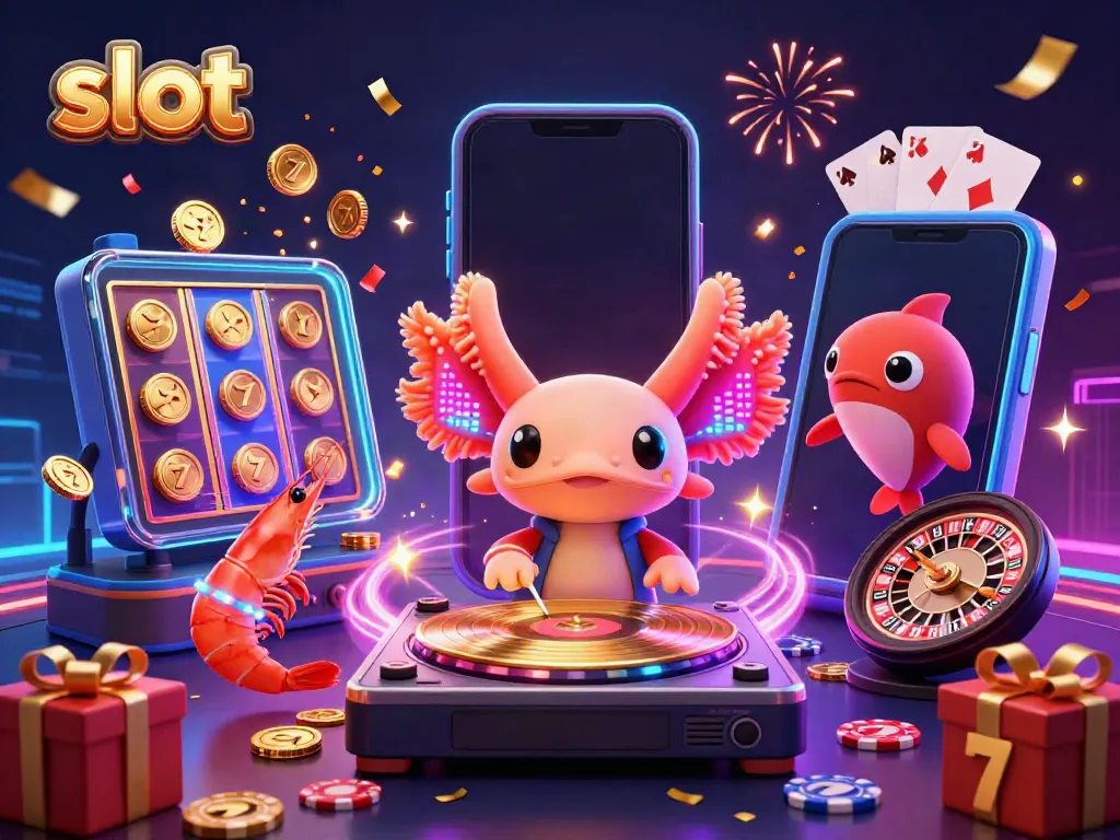 Menangkan slot emas dengan DJ axolotl neon berputar dan suasana meriah di belakangnya