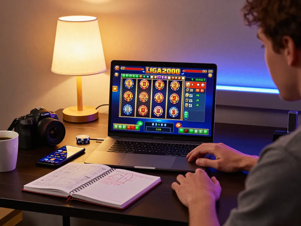 LIGA2000 player engaging in strategic online slot gaming with colorful reels.