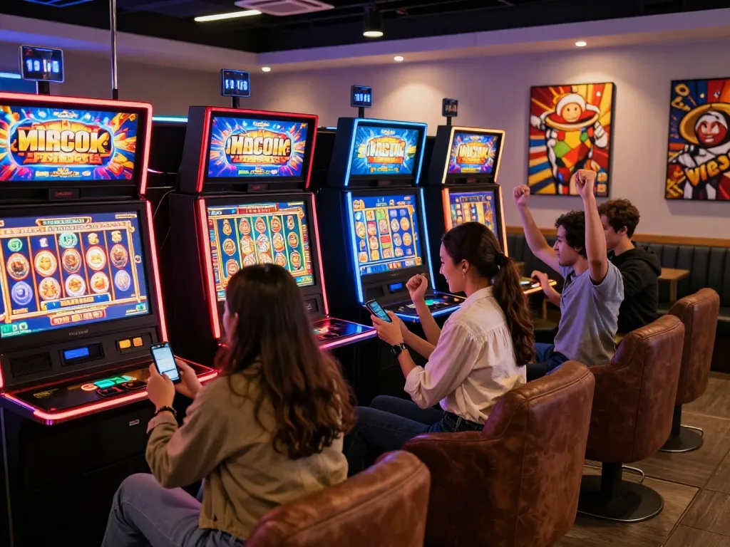 Suasana menarik pemain yang menikmati permainan slot gacor di ruang permainan modern, merayakan kemenangan dengan tampilan digital yang dinamis.