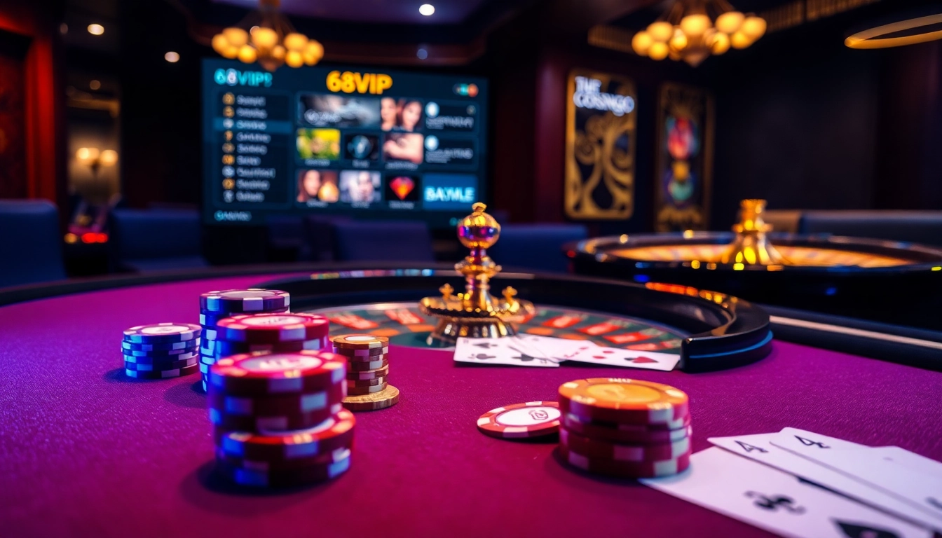Experience the thrill of 68VIP's luxurious casino with vibrant gaming tables and stunning visuals.