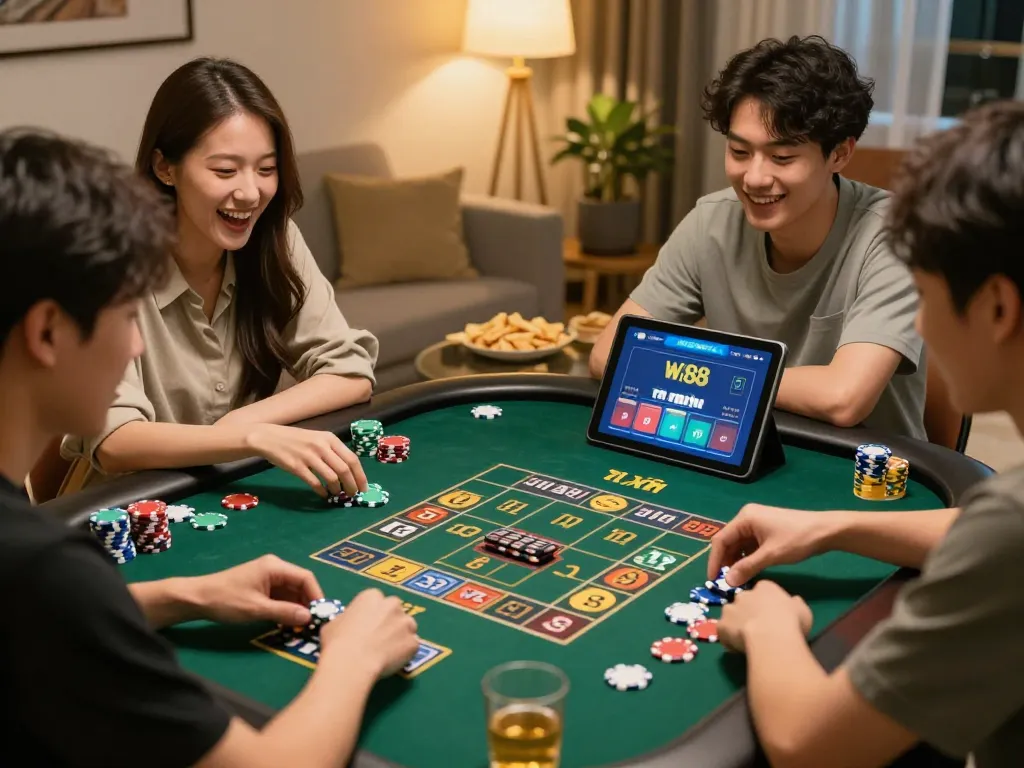 Friends playing win88 tài xỉu together, showcasing an engaging home gambling experience with chips and a tablet.