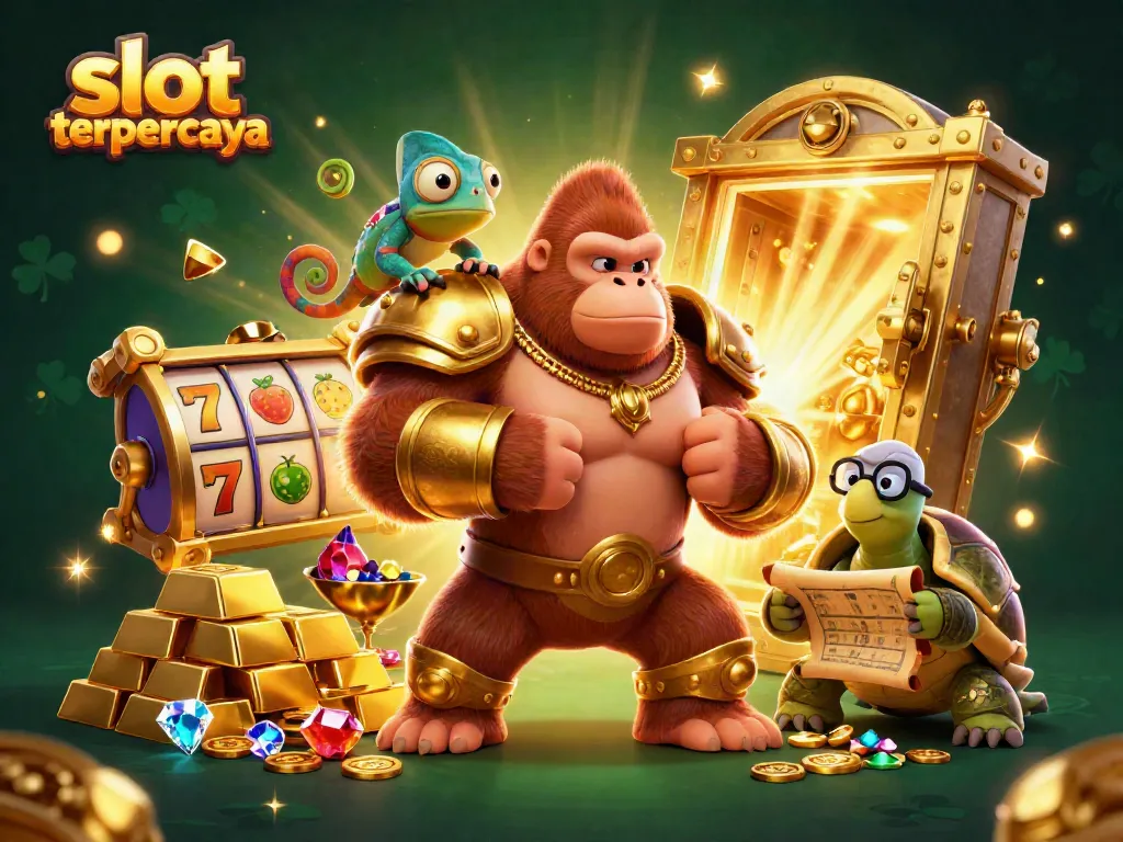 Menangkan jackpot di slot terpercaya dengan gorila raja dan komodo pintar, dikelilingi tumpukan emas dan harta