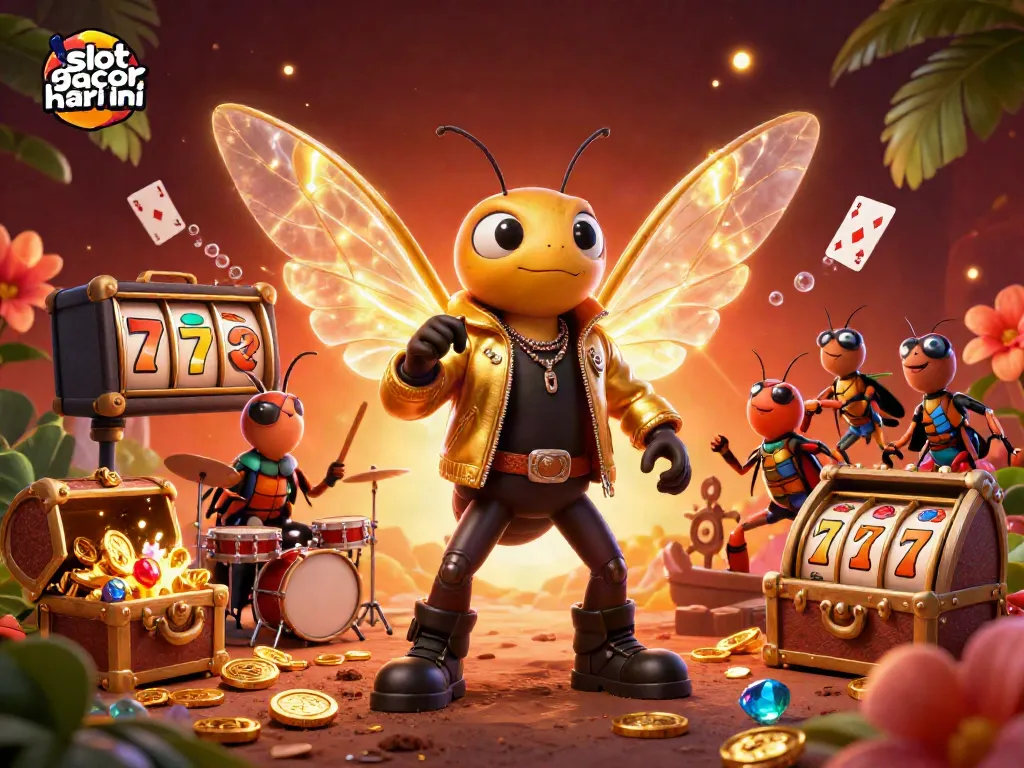 Menangkan slot gacor hari ini dengan ilustrasi penuh warna yang menggambarkan cicada rock star dan karakter menarik lainnya.