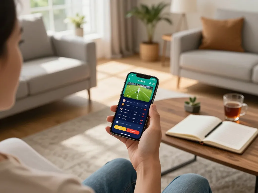 Using the Jeetbuzz App for live sports betting in a cozy home setting, showcasing responsible gaming.