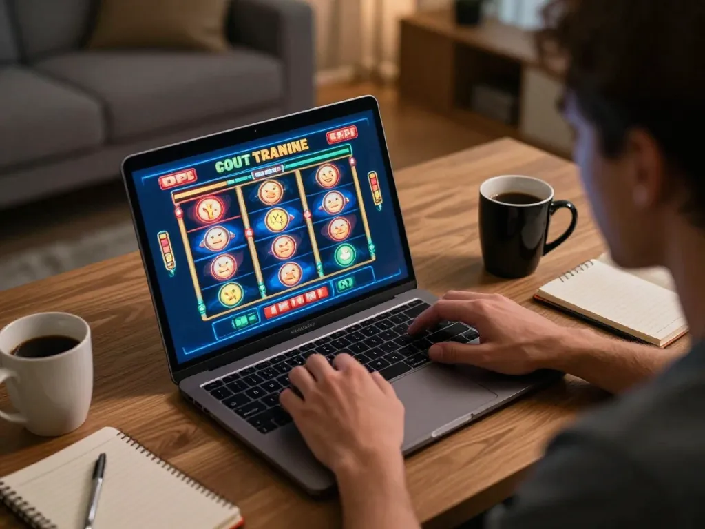 Engaged player exploring aman788 slot gacor online, analyzing bets in a cozy home setup.
