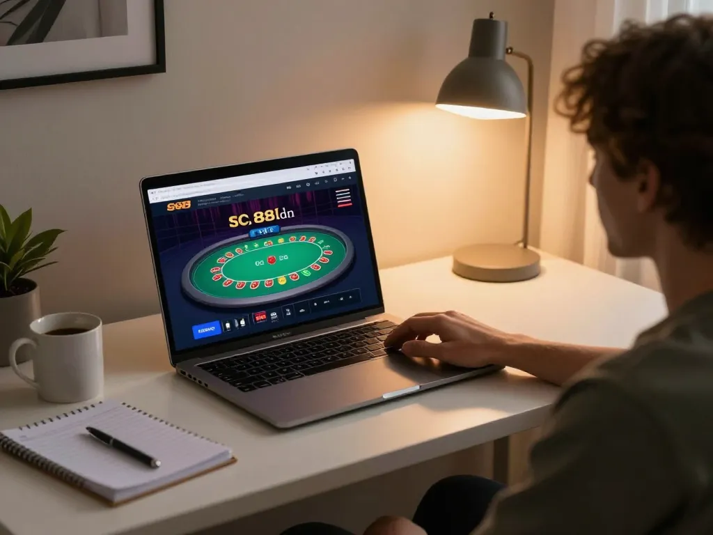 Engaging poker gameplay on SC88 platform in a cozy home office setting with strategic notes