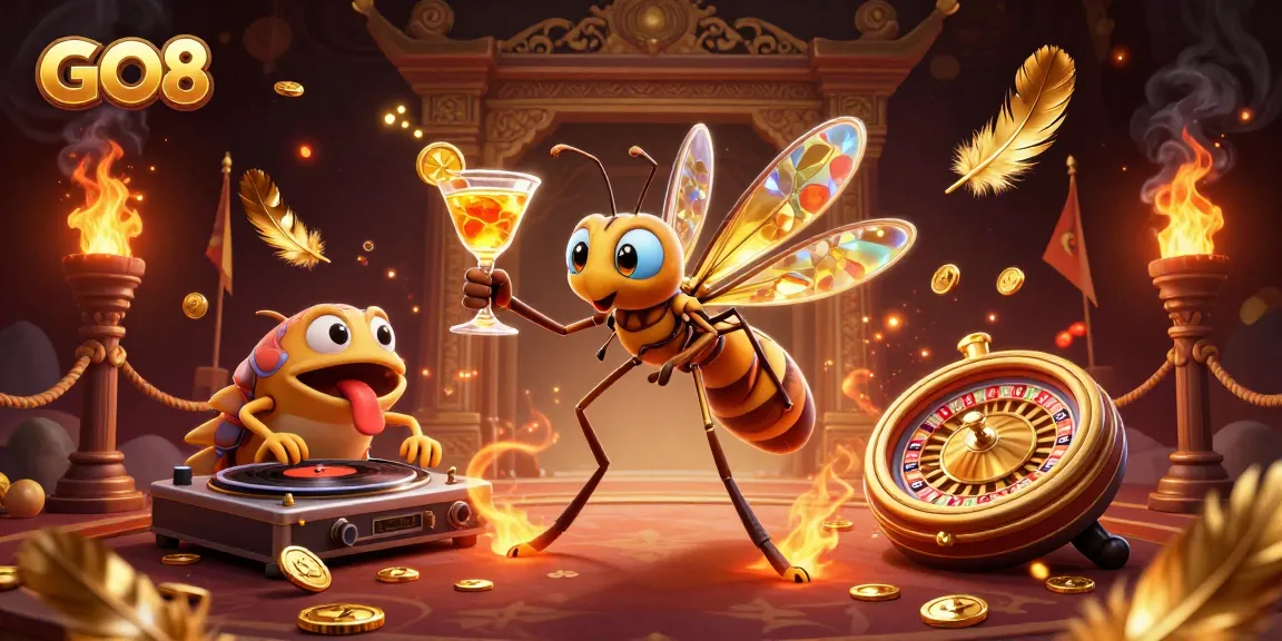 Experience the thrill of GO8 with a vibrant, dynamic casino-themed illustration featuring unique characters.