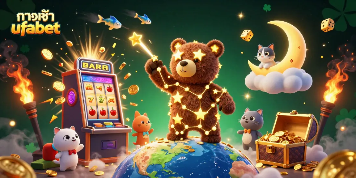 Engage with ทางเข้า ufabet through a vibrant 3D illustration showcasing a constellation bear, slot machine, and casino elements bursting with excitement.