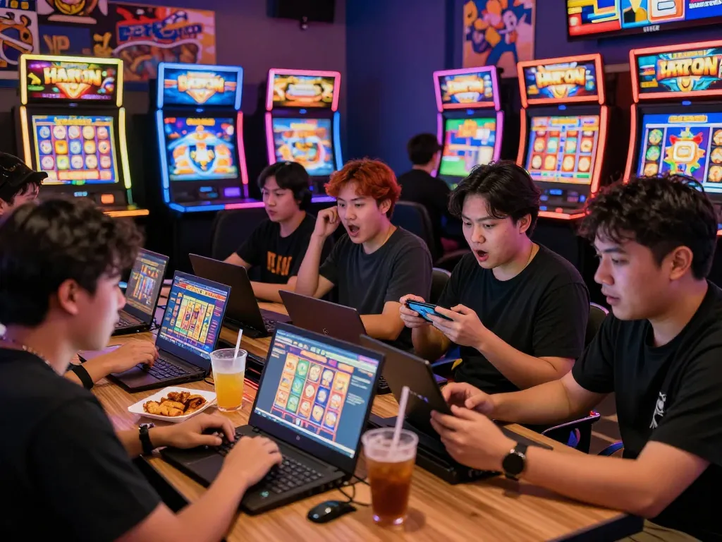 Exciting group of friends playing slot gacor hari ini games in vibrant online gaming environment with colorful graphics.