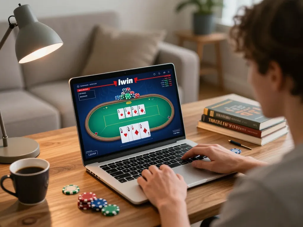 Iwin user engaged in a thrilling online poker game with focused strategy