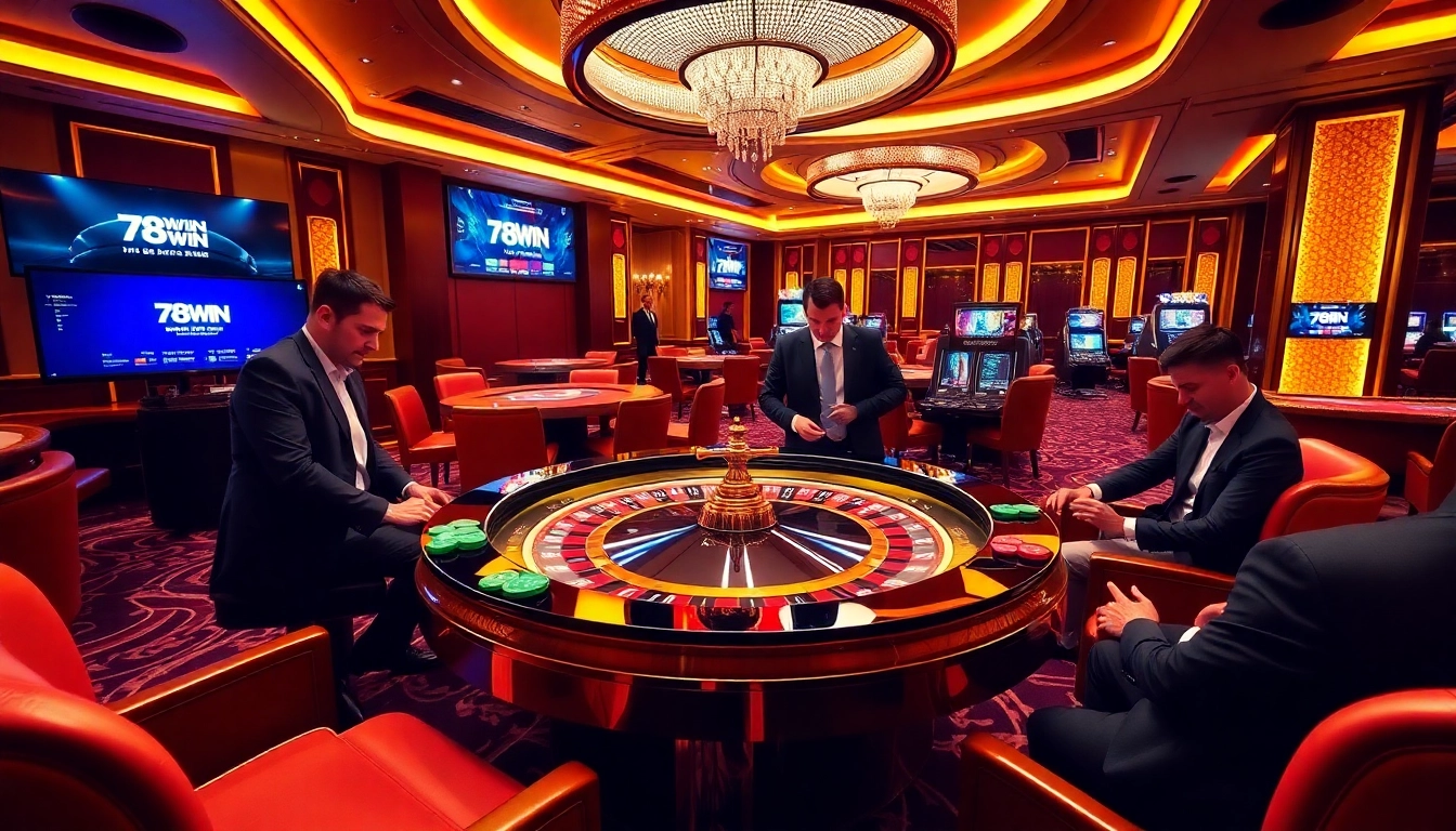Experience excitement at 78WIN's stylish casino with roulette and enthusiastic players.