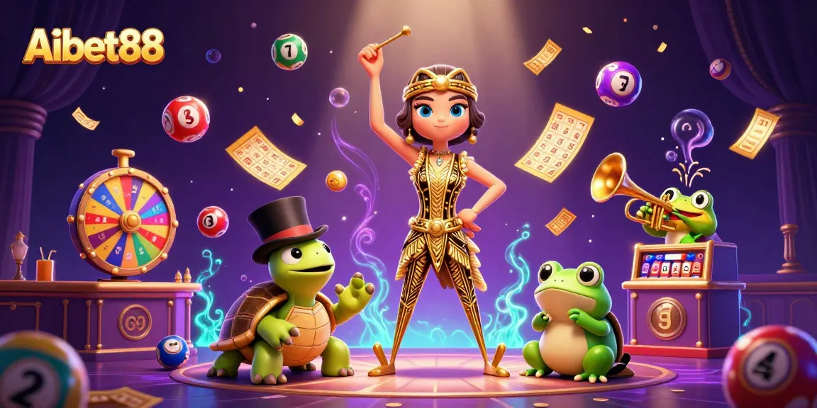 Aibet88 brings excitement with vibrant lottery elements and playful characters in a dynamic casino scene.