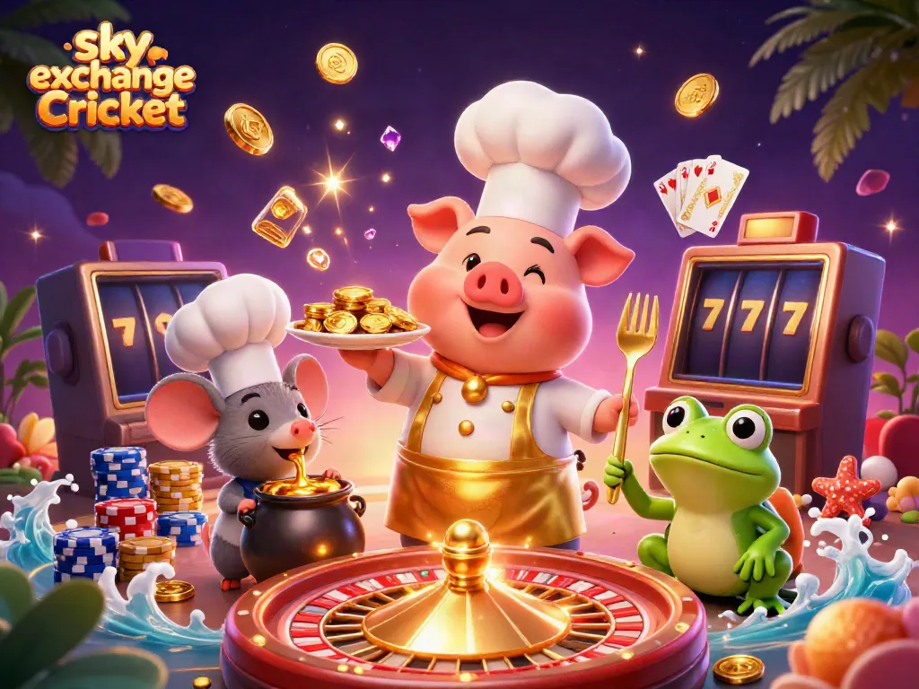 Engage with sky exchange Cricket betting as a chef pig serves golden coins, mouse and frog elements enhance the excitement.