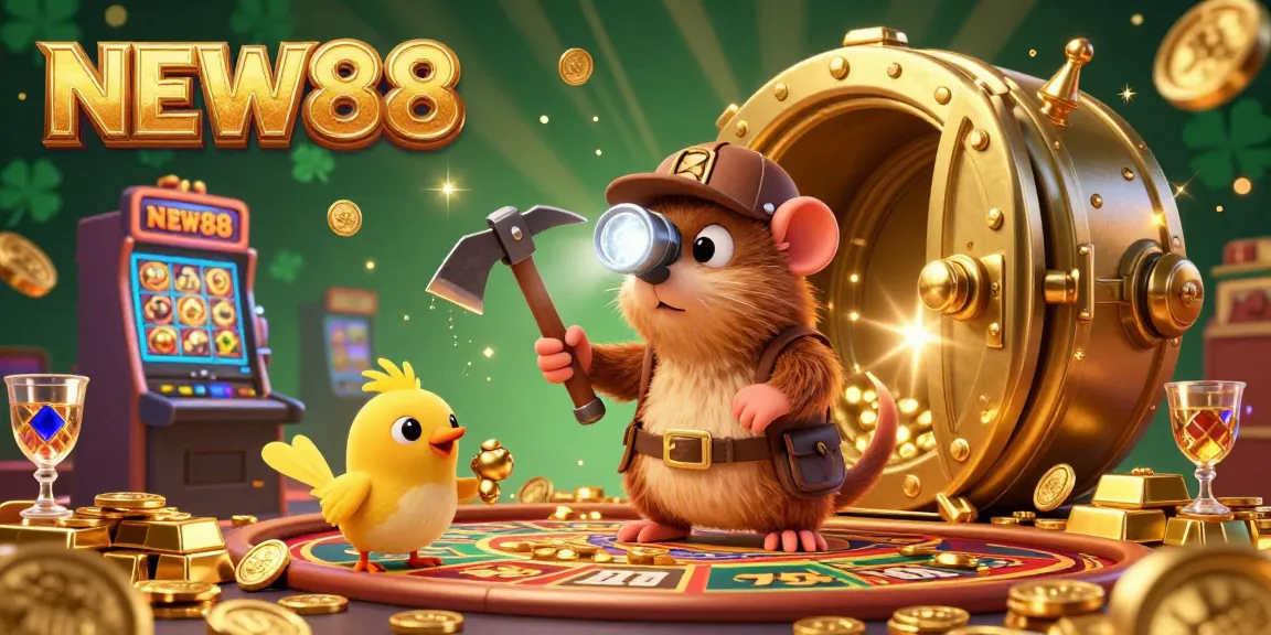 NEW88's vibrant gaming scene showcases a treasure hunter mole amid gold coins, slot machines, and excitement.