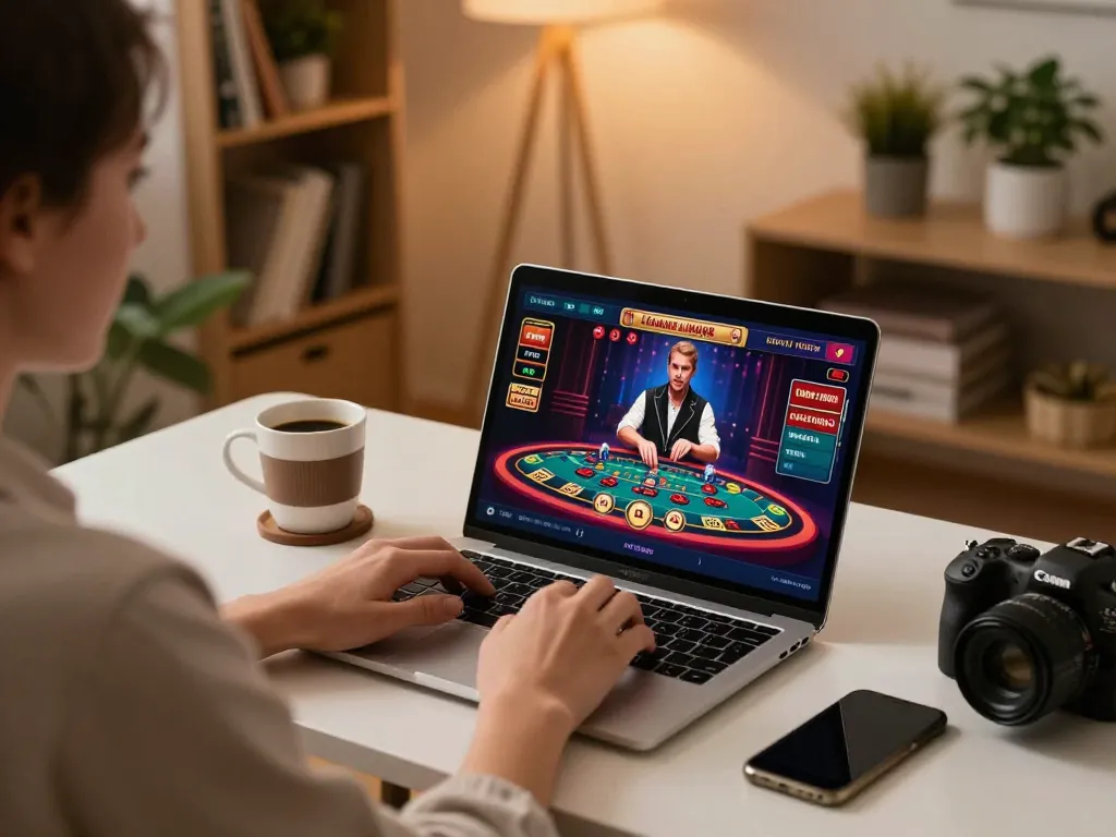Enjoying live casino gameplay on lc88, illustrating online gambling excitement at home.