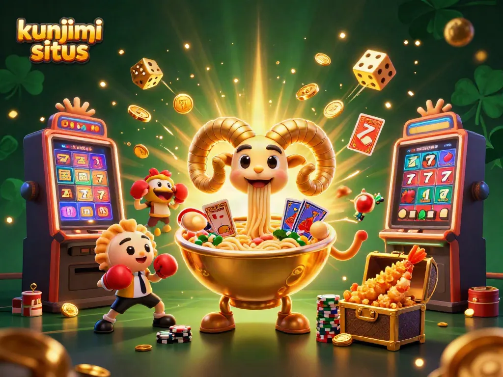 Kunjungi situs slot online dengan karakter 3D menarik, bonus, dan mesin slot dalam ilustrasi ceria.