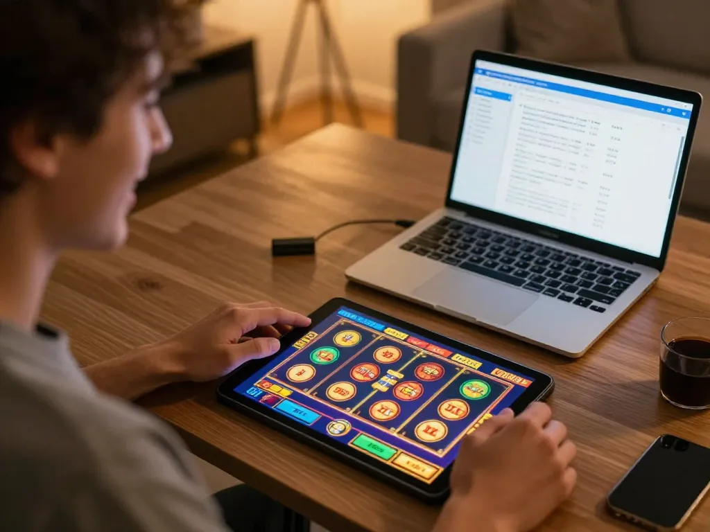 Engaged user playing slots on tablet in cozy home setting, ytr88 gameplay experience