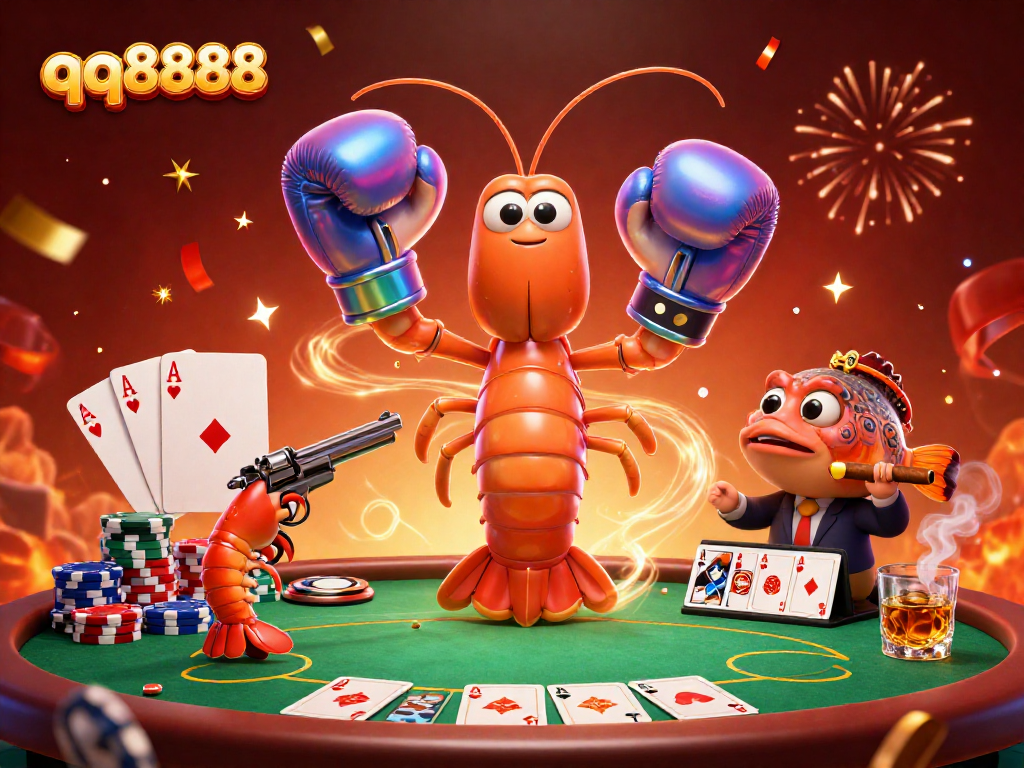 Experience thrilling poker action with qq8888 at a vibrant casino scene featuring dynamic characters and festive elements.