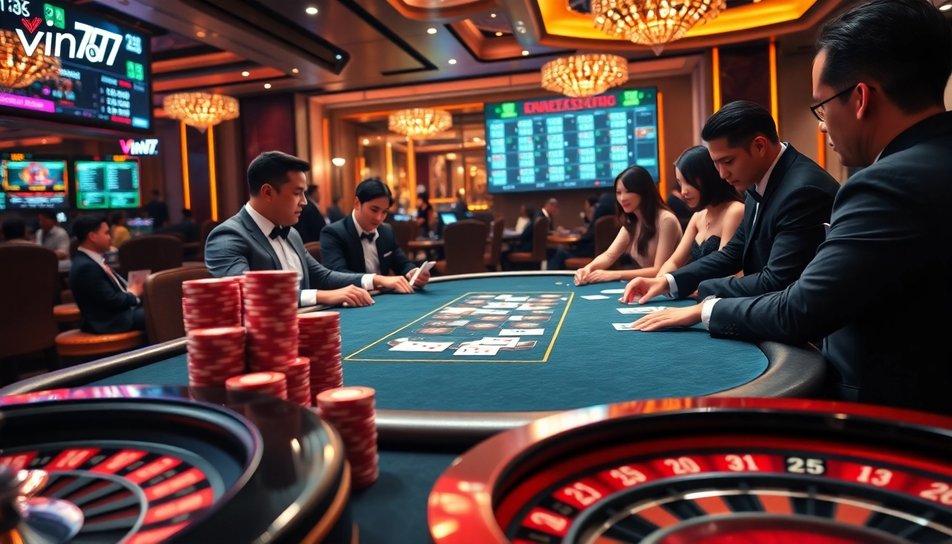 Vin777 poker table scene showcasing high-stakes gameplay with vibrant casino atmosphere.