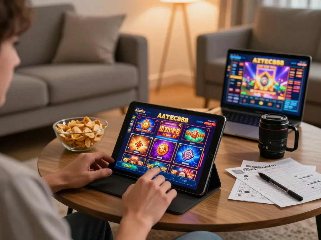 Experience exciting gameplay on AZTEC888 at home, showcasing a cozy online gaming setup with vibrant slot graphics.