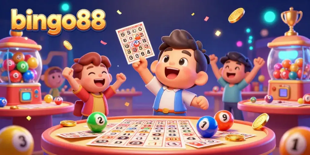 Main karakter memegang kartu bingo menang di bingo88 yang ribut dan ceria.