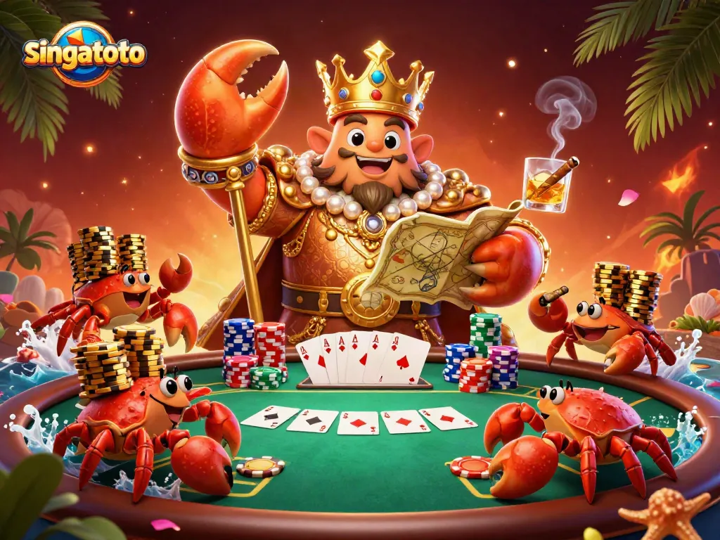 Experience the thrill of singatoto gaming with a vibrant 3D illustration of a crab emperor and card elements.