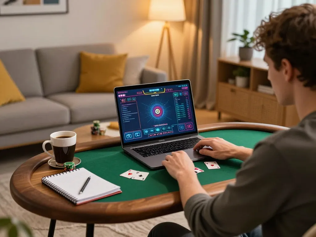 hm88 player engaged in online poker gameplay at home, showcasing strategic planning and comfortable gaming setup.