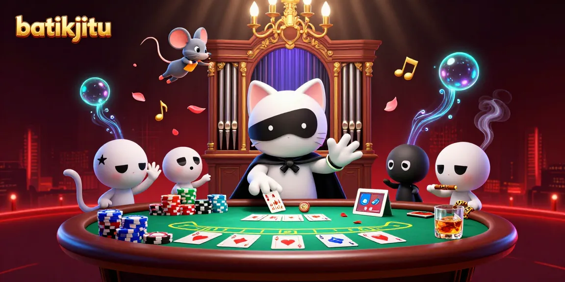 Bermain di batikjitu, kucing putih bertopeng dan akrobat mouse, dikelilingi chip poker dan sorotan lampu.