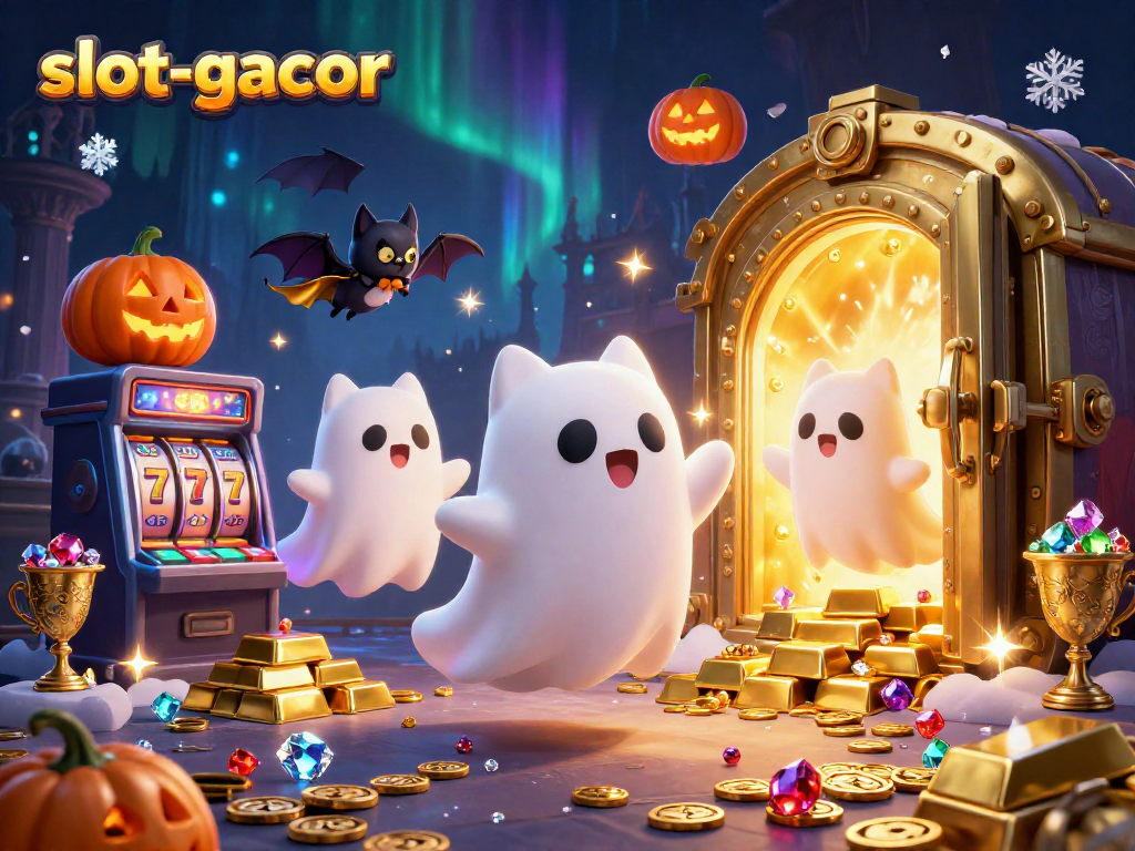 Spin big with slot-gacor—ghost cat and vampire bat in a haunted casino scene filled with treasures!