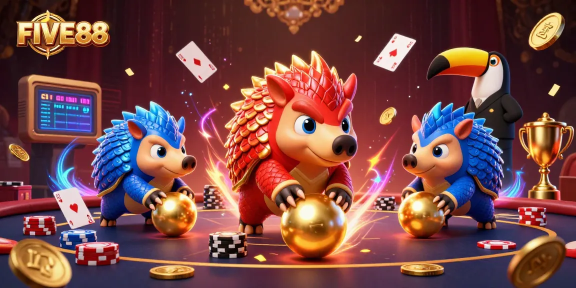 FIVE88 pangolins compete in a vibrant poker game scene, showcasing excitement in gambling.