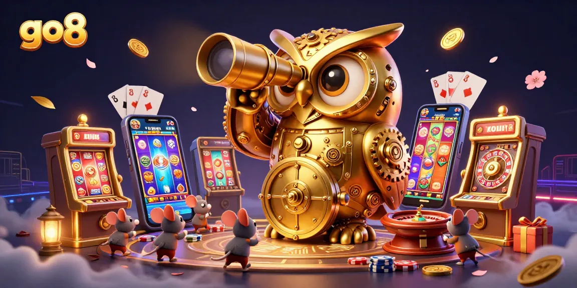 Experience the vibrant casino atmosphere with go8 featuring a majestic golden owl and lively slot games.