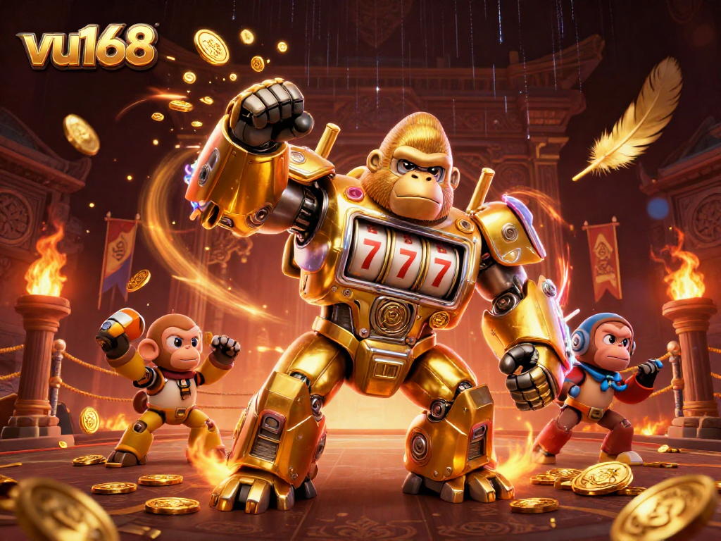 Experience thrilling action with vu168's dynamic golden gorilla mech in an epic casino environment.