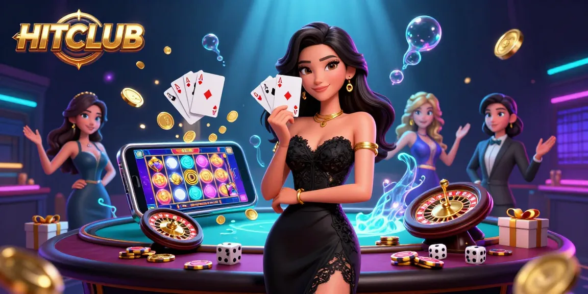 Engaging HITCLUB gaming experience featuring an elegant woman holding cards in a vibrant casino setting.