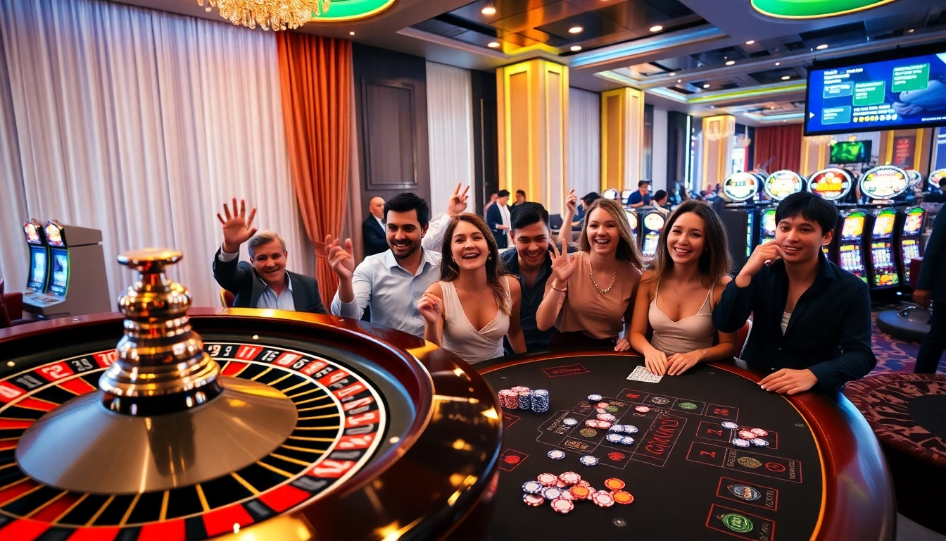 Players enjoying games at Nhà Cái 68VIP Có Uy Tín in a vibrant casino setting with roulette and slot machines.