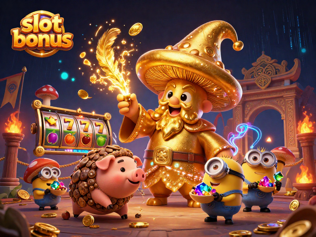 Engage with slot bonus offers in a magical scene of gold and luck with a golden mushroom wizard.
