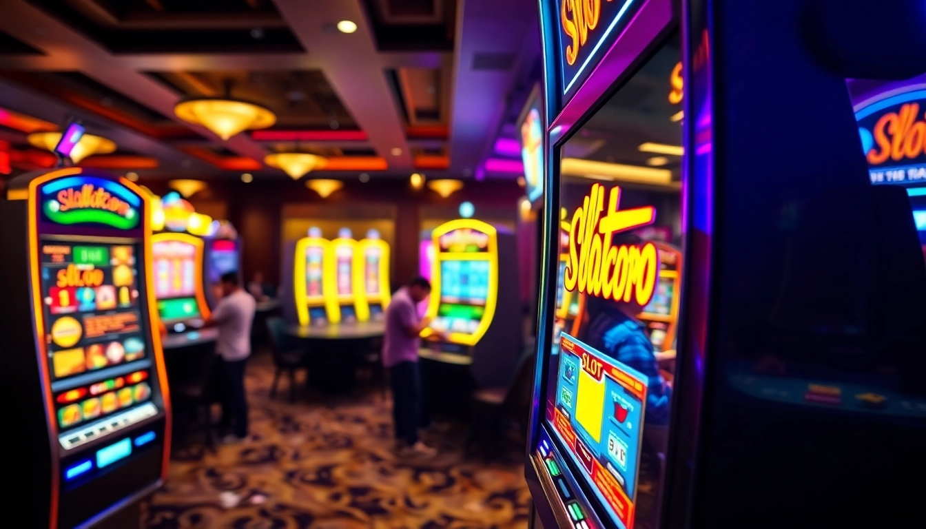 A lively casino scene showcasing slot gacor winning excitement with bright lights and eager gamblers.