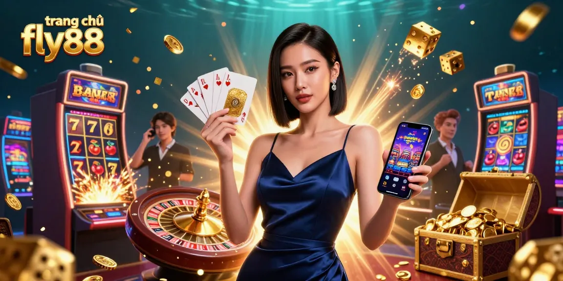 Experience the thrill at trang chủ fly88 with a stunning Asian woman holding casino chips and smartphone amidst a vibrant gaming scene.