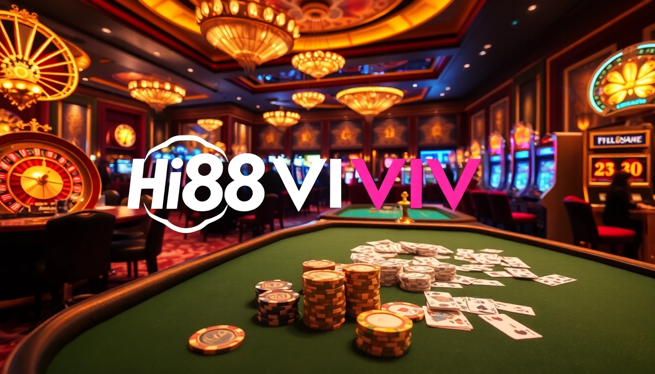 Hi88 VIP casino scene showcasing players at a luxurious roulette table and slot machines.