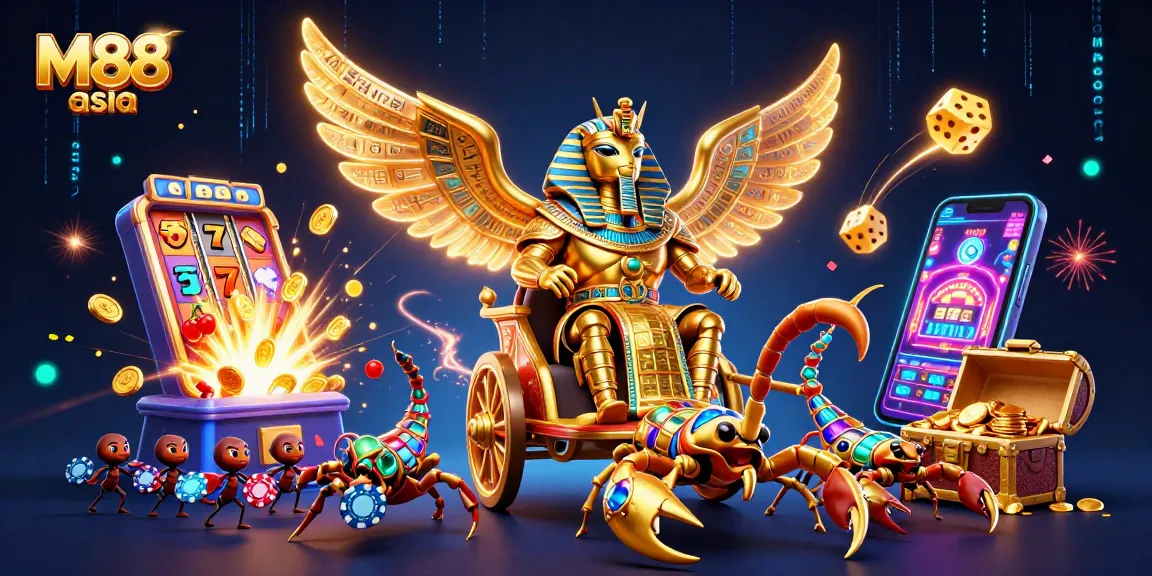 M88 asia showcases a vibrant gaming scene with golden scarab beetle and jackpot explosion.