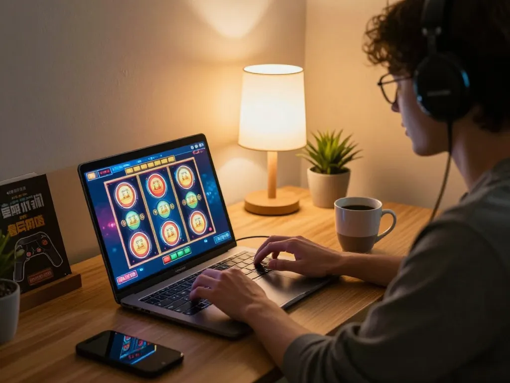 Engaging player enjoying slots at home using https://ph365.cx/ on their laptop with coffee.