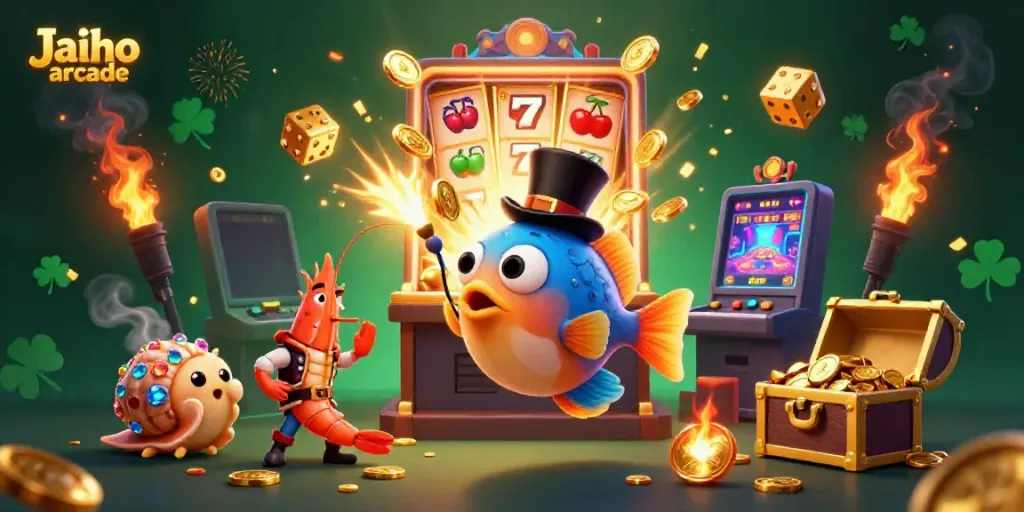 Engage in thrilling gameplay with Jaiho arcade's vibrant scene featuring an anglerfish, shrimp, and sea snail amidst casino excitement.