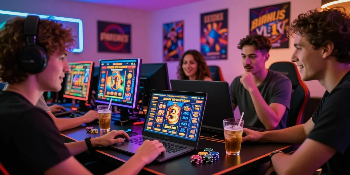 Engaged friends enjoying bonus buy slots UK on a laptop with drinks and gaming chips.