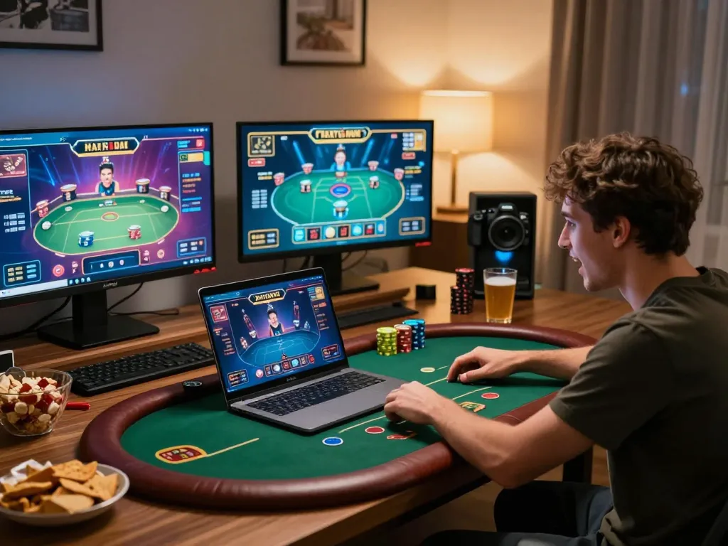 af88 player strategizing during an online poker game at home, focused on laptop with vibrant game interface.