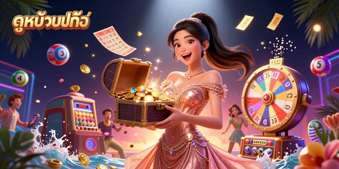 Play ดูหนังออนไลน์ with excitement, featuring a stunning Asian woman presenting treasures in a dynamic lottery-themed scene.