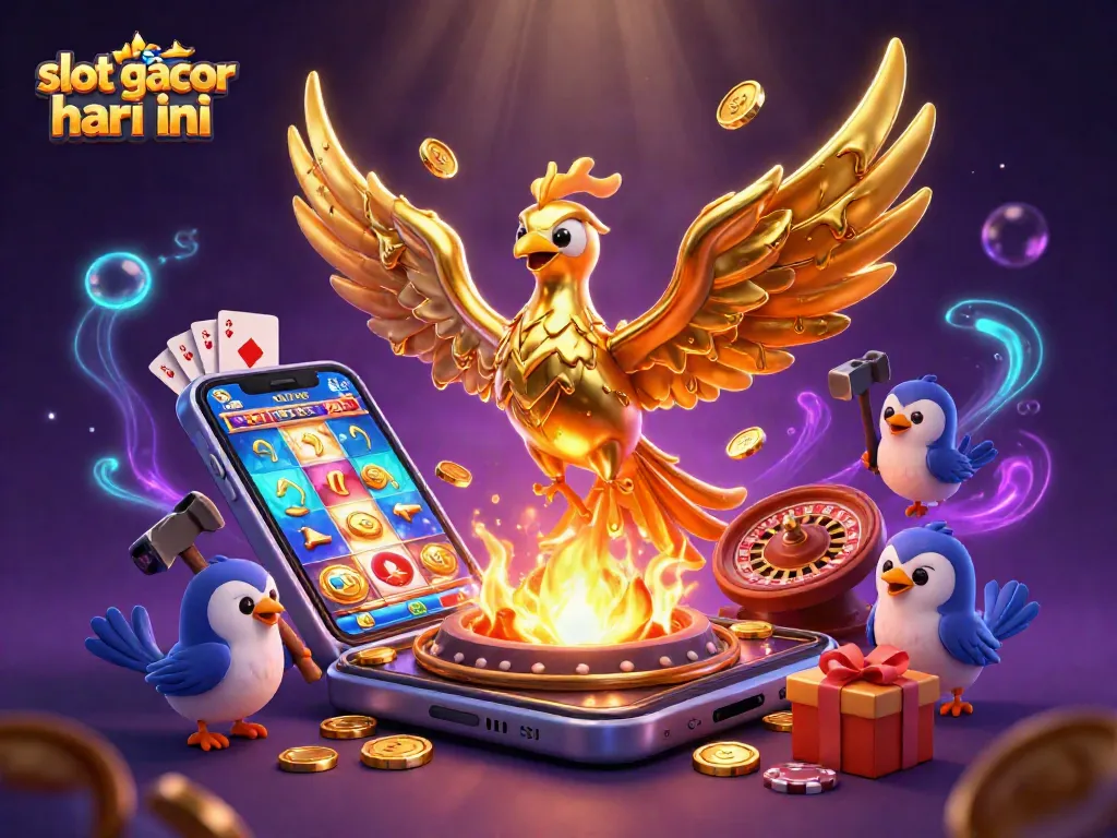 Menggali slot gacor hari ini dengan ilustrasi 3D phoenix emas yang meluncurkan koin dari smartphone slot yang berputar.