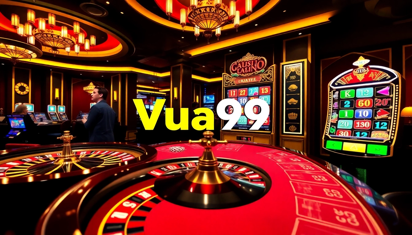 Vua99 players enjoying an exciting online casino experience with roulette and slot machines.