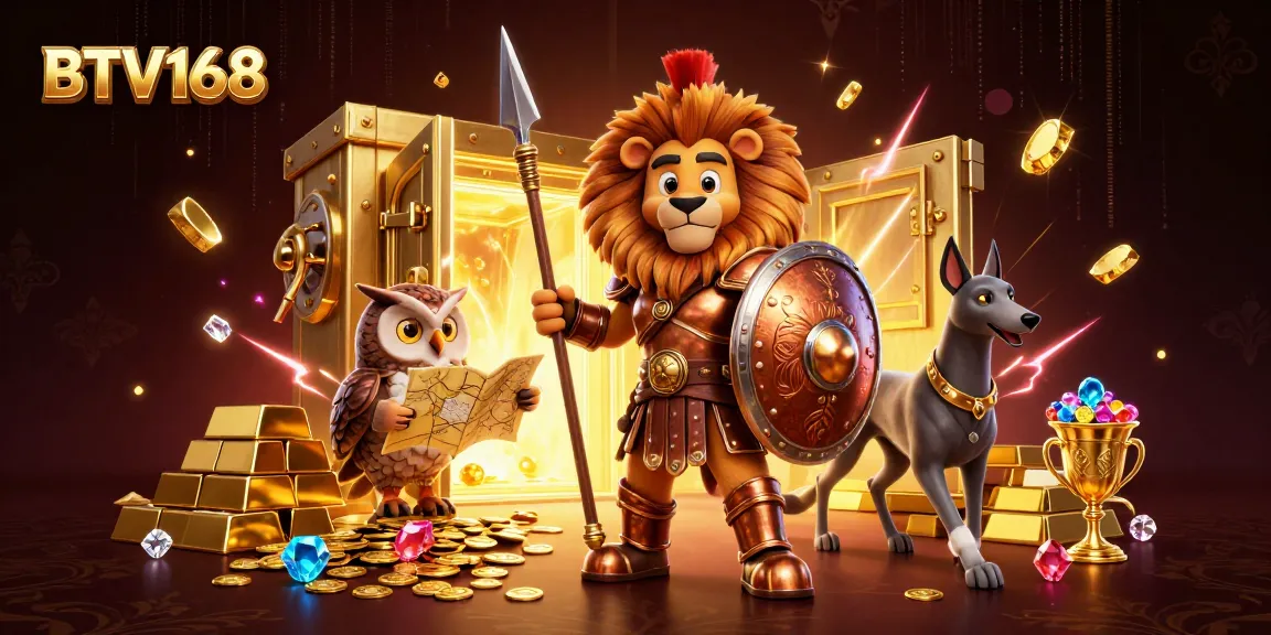 BTV168 showcases a dynamic scene of a Spartan lion and strategic owl amidst treasure, emphasizing thrilling casino action.